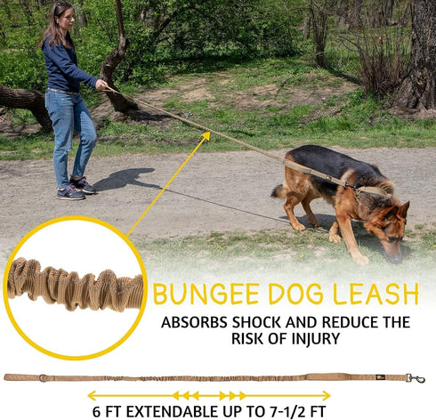 Heavy Duty Bungee Dog Leash 6 ft - 7.5 ft for Large Medium Dogs, No Pull, Reflective, Tactical, Coyote Brown