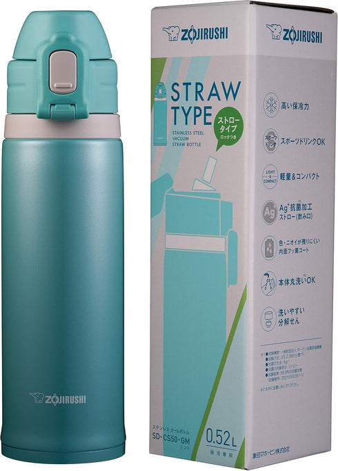 Zojirushi SD-CS50-GM Direct Drinking Water Bottle - Sports Type, Stainless Steel, Straw Bottle, 0.52L, Mint