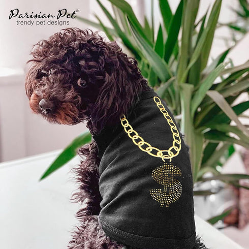 Parisian Pet Dog Tshirt, Embroidered “Bling $” Dog Shirt, 100% Cotton Sleeveless Tank Top for Small Dogs