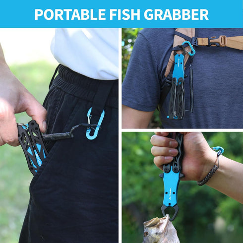 FLISSA Folding Fish Gripper with Lanyard, Lightweight Aluminum Fish Grabber, Portable Fish Lip Gripper Holder