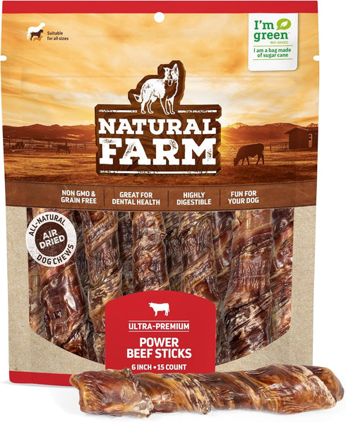 Natural Farm Power Beef Sticks Dog Chews, 6”, 15-Pack, Premium Beef Cheek Wrapped in Beef Esophagus