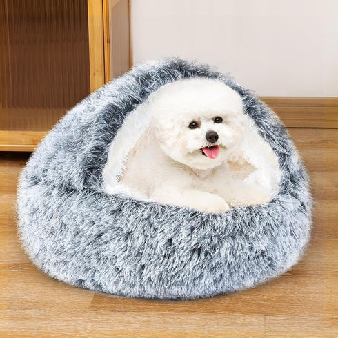 NOYAL Round Hooded Plush Dog Bed, Anti-Anxiety Fluffy Donut Bed for Small and Medium Dogs and Cats