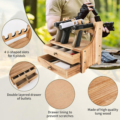 Hossmily Holder,4-Slot Pistol Rack for Gun Safe Real Wood Handgun Rack Handgun Pistol Holder and Rustic Gun Rack