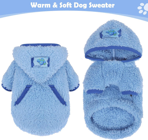 Small Dog Sweater, Fleece Hoodie for Winter, Soft Stretchy Clothes for Chihuahua Teacup Yorkie, Blue M