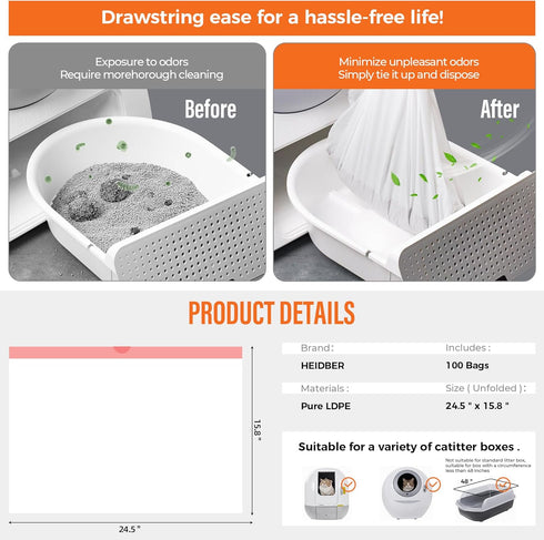HEIDBER 100 Pack-Robot 3 4 Drawstring Cat Litter Box Liners Litter Liner Bags for Robot and Cleanpethome/PETKIT PuraX