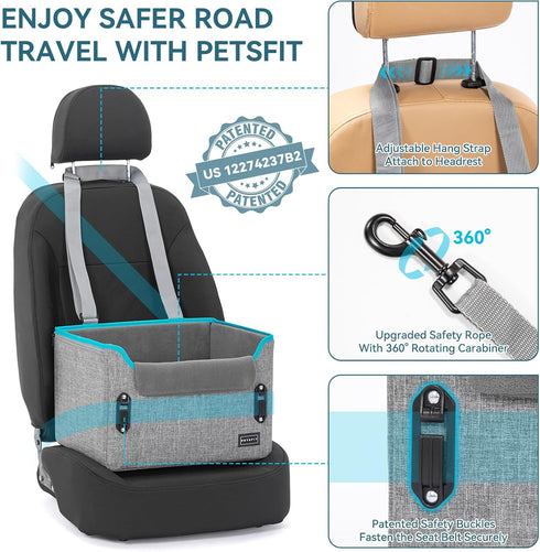PETSFIT Dog Car Seats for Small Dogs Patented Safety Buckles Safety Tether Foldable Travel Dog Booster Car Seat Reduces