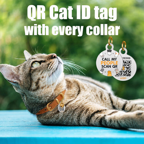 BRONZEDOG Leather Cat Collar with Bell, Non-Breakaway Kitten QR Tag for Cats/Mini Dogs (9" - 12", Brown & Silver)