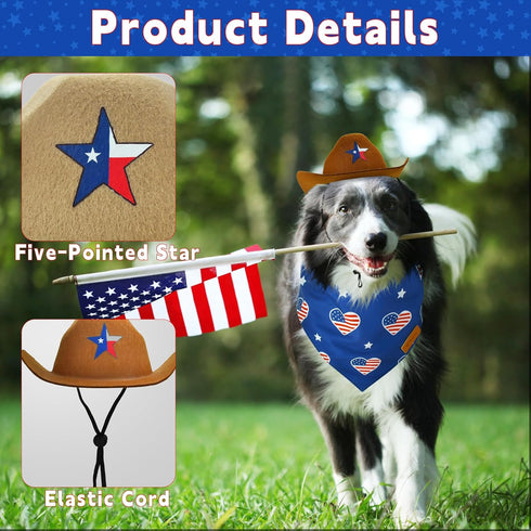 Vehomy 4th of July Pet Dog Costume - Cowboy Hats with Star Décor and American Flag Bandanas for Dogs Cats (4Pcs)