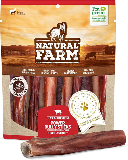 Natural Farm Power Bully Sticks Dog Chews, 6”, 15-Pack, Premium Beef Cheek Wrapped in Beef Pizzle, Long-Lasting Dental