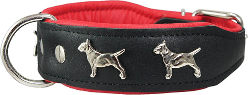 Real Leather Soft Padded Dog Collar, 1.75" Wide for Bull Terrier (13"-15.25" Neck, Black/Red)