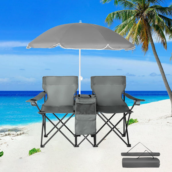 BIVVI Double Camping Chair with Umbrella,Portable Folding Chair w/ Cup Holders,Cooler Bag,Pocket &