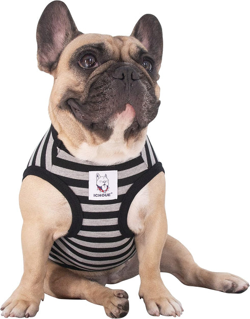 iChoue French Bulldog 100% Breathable Cotton Striped T Shirts Summer Cooling Vest Clothes for Medium Dogs Tank Tops Frenchie Pug English Boston Terrier Pitbull Grey Black Stripes - Large