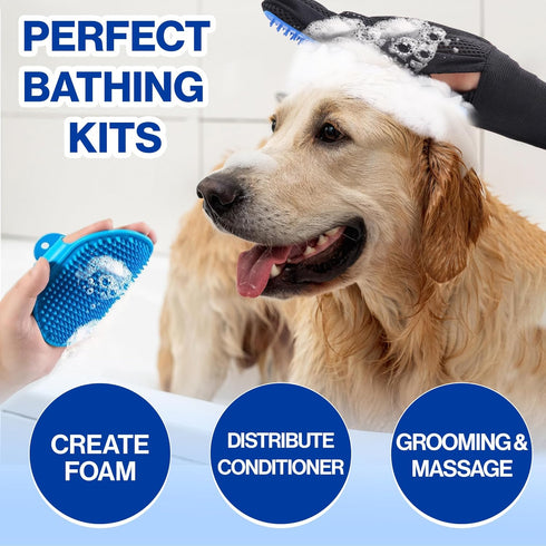Dog Bath Brush & Washing Gloves 2PCS, Pet Grooming Gloves for Dogs, Cats, Horses with 185 Silicone Tips (Blue)
