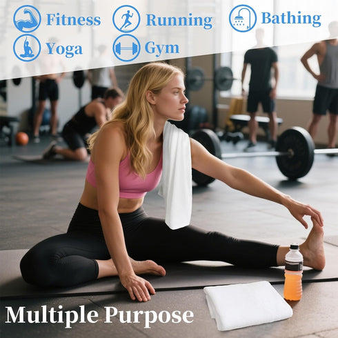 (2PC, 16"x43") 100% White Workout Towels for Gym - Cotton, Breathable, Soft & Absorb - Sweat Towel for Men & Women