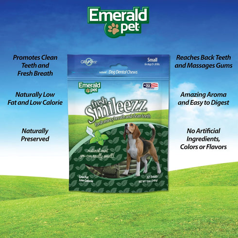 Emerald Pet Fresh Smileezz Grain Free Dog Dental Treats for Puppies and Small Breeds, Minty Fresh Breath, 12 Oz
