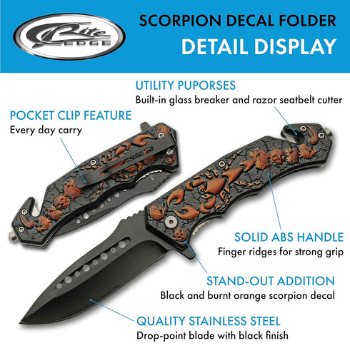 SZCO Supplies 300563 Scorpion Decal Liner Lock Assisted Open Tactical Rescue Professional Folding Knife, Black Orange, 8" Length