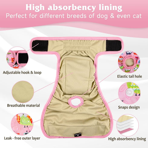 5pcs,Reusable Dog Diapers Female Dog Doggie Puppy Doggy Diapers Female, Period Panties in Heat, Owl, Large