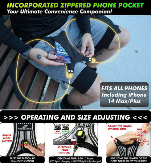 SPIDER Reflective Lighted Running Vest - 360° Visible, Ultralight, Fully Adjustable Size XS-3XL, Phone Pocket for Safe