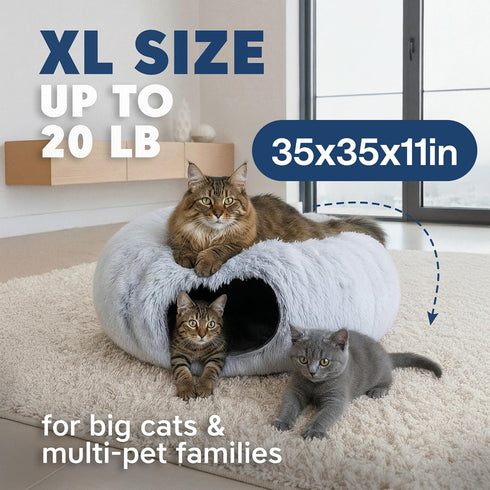 3-in-1 Cozy Cat Donut Tunnel Bed - Cat Tunnels for Indoor Cats - XL Plush Circle Hideaway with Cat Toys, Foldable