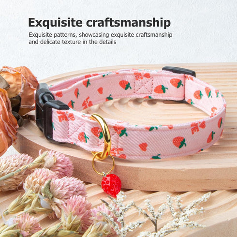 Cotton Handmade Dog Collar, Cute Pink Strawberries with Pendant for Small, Medium, and Large Dogs, Ideal for Girl and