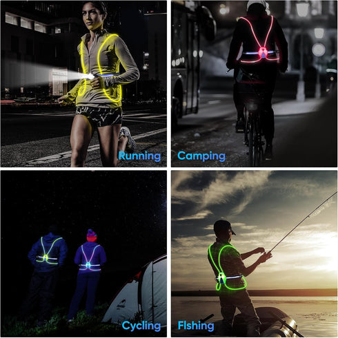LED Reflective Running Vest Lights for Runners, USB Rechargeable Safety Lights with Front Light, 7 Colors, Three Light