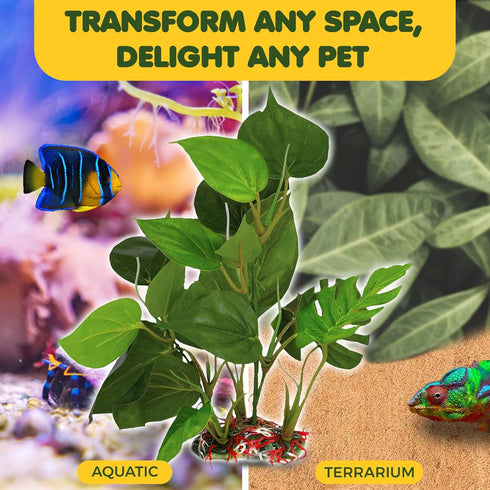 SunGrow Gecko & Reptile Tank Decor - Artificial Plant (Gecko Anubias - Plastic)
