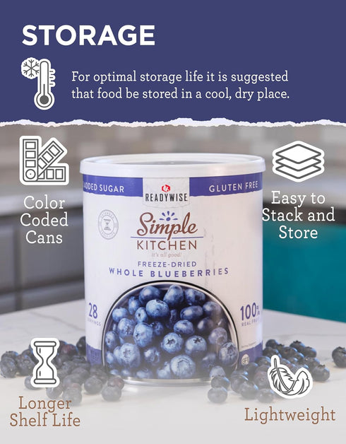 28 READYWISE - Simple Kitchen Freeze Dried Whole Blueberries, Servings, Vegan, Gluten Free, Fruit Snacks, Emergency