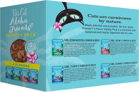 Tiki Cat Aloha Friends Variety Pack, Seafood Flavors with Pumpkin, Wet, High-Protein & High-Moisture Cat Food, For All Life Stages, 3 oz. Pouch (Case of 12)