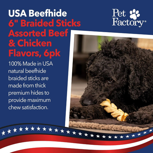 100% 6in 6 inches (Pack 6) Pet Factory USA Made Natural Beefhide Dog Chew Sticks - Braided Dog Rawhide Bones with Beef