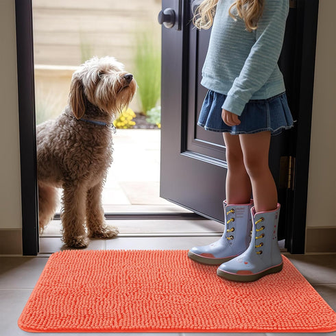 OLANLY Dog Door Mat for Muddy Paws, Absorbent Non-Slip Washable Mat, Quick Dry Chenille, 36x24, Coral