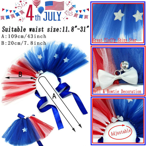 4PCS Pet Independence Day Costume, 4th of July Dog Tulle Dress Collar Flowers, Cute Tutu Skirt USA Patriotic Outfit