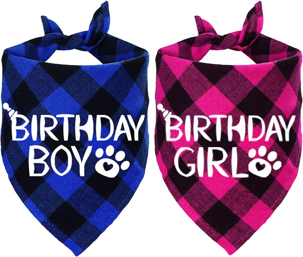 STMK 2 Pack Dog Birthday Bandana, Plaid Triangle Scarf for Birthday Boy Girl Dogs