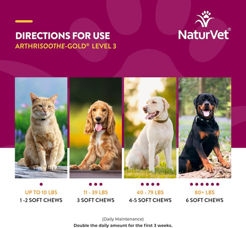 NaturVet ArthriSoothe-Gold Level 3 Joint Care for Dogs, Soft Chew Supplement with Glucosamine, 180 Ct.
