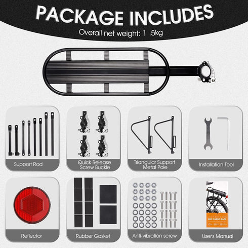 HONGYEA Bike Cargo Rack, 220 Lbs Load, Adjustable Aluminum Alloy Waterproof Rear Rack for MTB, Ebikes, Road Bike