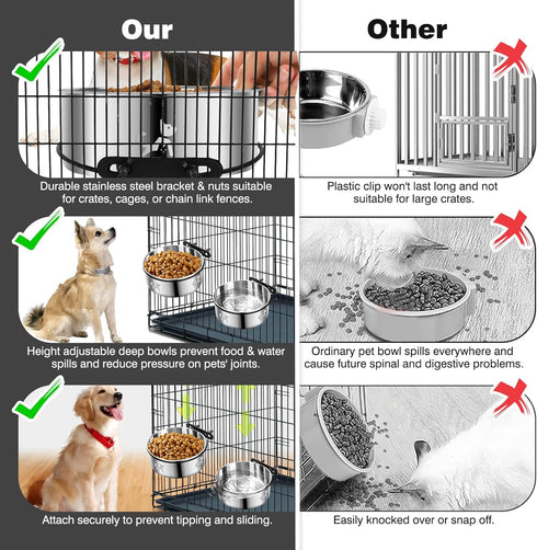 Dog Kennel Bowls for Crates, No Spill 2 Pack Hanging Food Water Bowls, Stainless Steel Pet Dish Feeder for Cats and Dogs