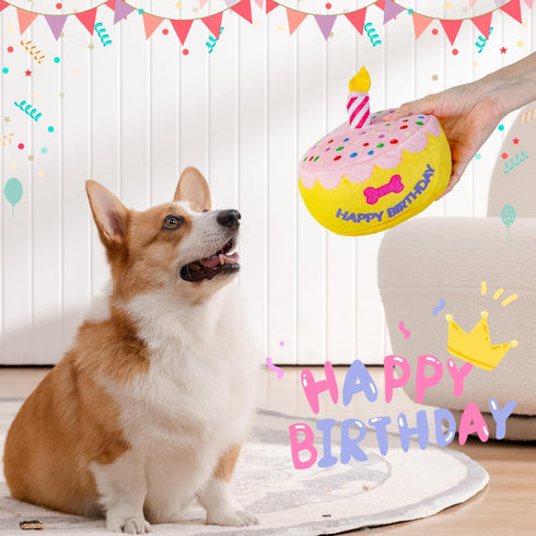 5.9", Dog Birthday Cake Toy Larger Plush Dog Gift with Electronic Music Box, Plays Happy Birthday Song & Puppy Bark