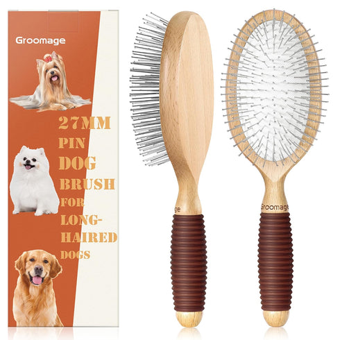Dog Brush, Pin Brush for Dogs, 27mm Extra Long Pin Brush for Shedding, Beech Wood Material, Non-Slip Rubber Handle