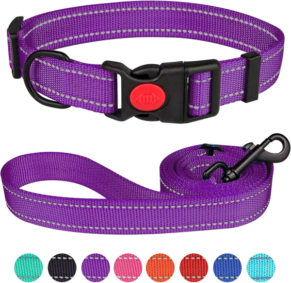 Reflective Dog Collar and Leash Set - Adjustable Nylon Pet Collars for Small Medium Large Dogs (Purple, S)