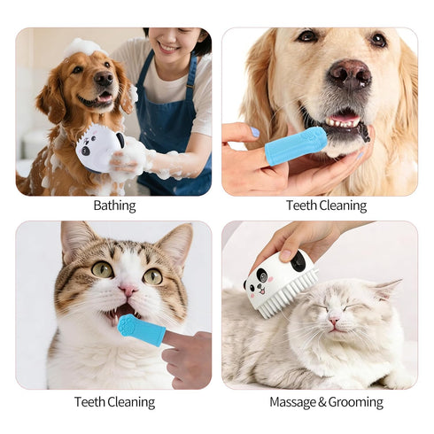 NOWANDBIRD 3PCS 2 Pet Grooming Kit Dog Bath Brush with Soap Dispenser & Finger Toothbrushes | Silicone Dog Shampoo