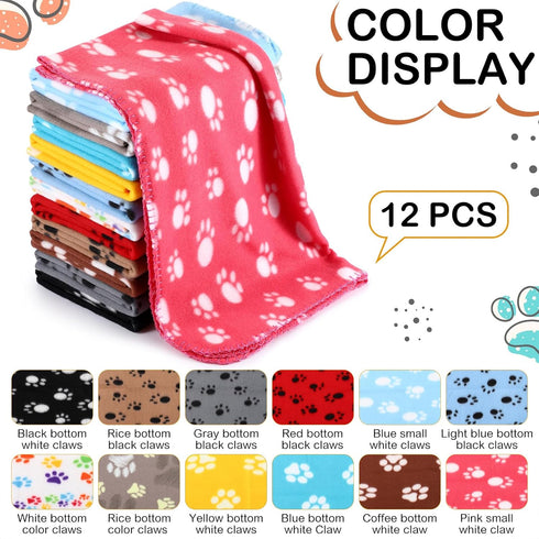 12 Pieces Fleece Blankets for Pets, Paw Print Dog and Cat Blanket Bedding Cover for Small Animals, 12 x 12 inches