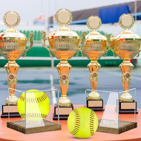 Clear Acrylic Softball Display Case with Wood Base, Memorabilia Stand Cube Holder, Dust Protection Transparent Storage