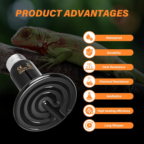 75W 2-Pack, Bulbs Simple Deluxe Ceramic Heat Emitter Reptile Heat Lamp No Light Emitting Heat for Amphibian Terrarium