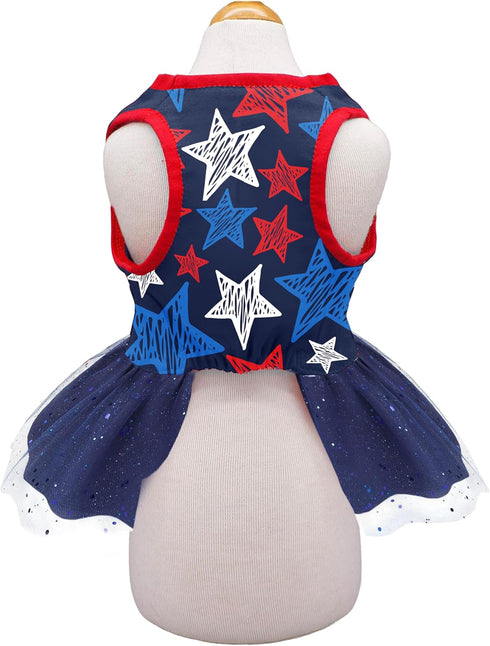 4th of July Holiday American Starshine Mesh Costume Skirt for Small Dogs, Independence Day Dog Dress Outfit for Male and Female Pets Puppies and Kitties