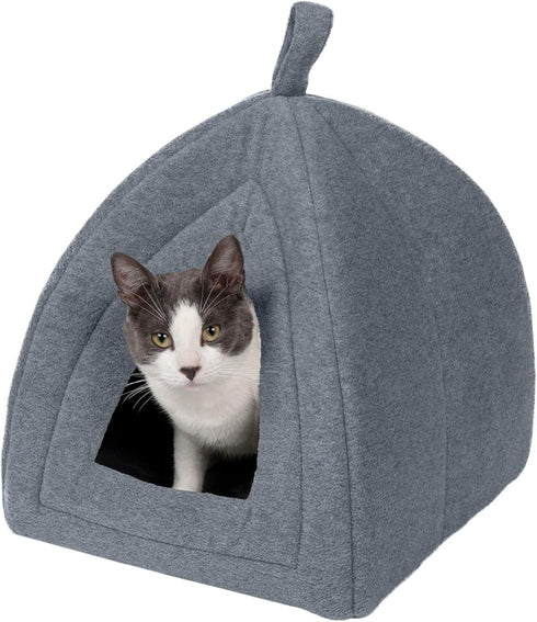 Furhaven Cat Bed Cave for Indoor Cats & Small Dogs - Washable Polar Fleece Pet Tent with Removable Cushion - Heather