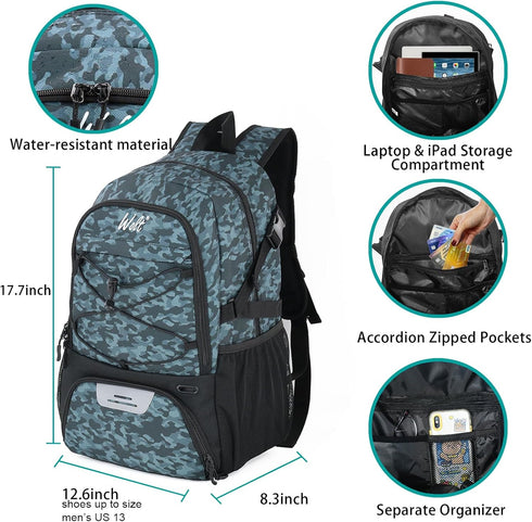 WOLT Basketball Equipment Backpack - Large Sports Bag with Separate Ball Holder & Shoes Compartment (Camouflage Grey)