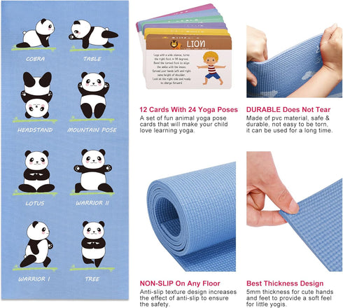 Garybank Kids Yoga Mat Set - Non-slip Exercise Mats with Fun Prints & 12 Yoga Cards for Kids