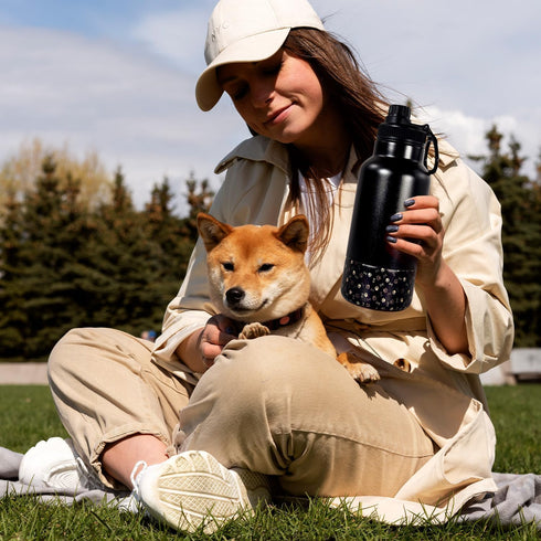 AGH Dog Water Bottle, 32oz Portable Bottle with Detachable Bowl for Food Feeding, Stainless Steel for Travel (Black)