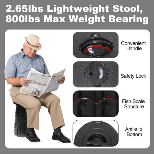 18" 800lbs ALEVMOOM Collapsible Stool, Max Weight, Heavy Duty Portable Retractable Folding Telescoping Foldable Camping