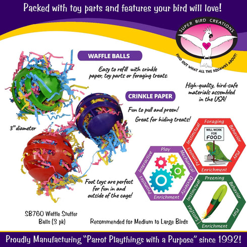 Super Bird Creations SB760 Waffle Ball Stuffers Toy - Colorful Bird Toys with Crinkle Shred, Set of 3