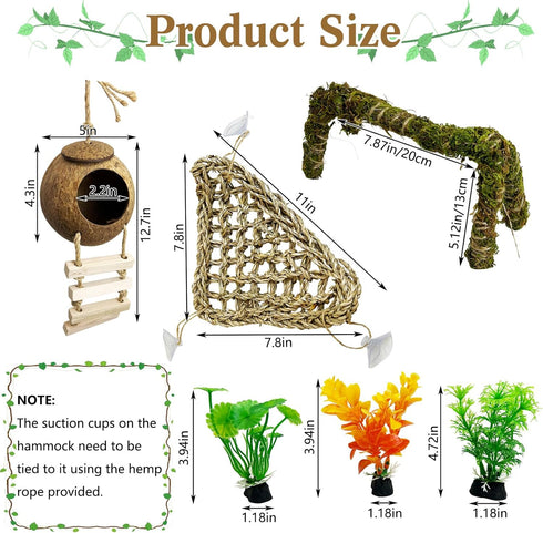 6 Hammock PCS Hermit Crab Accessories Large Bendable Moss Hermit Crab Climbing Toys Coconut Shell Hut with Ladder